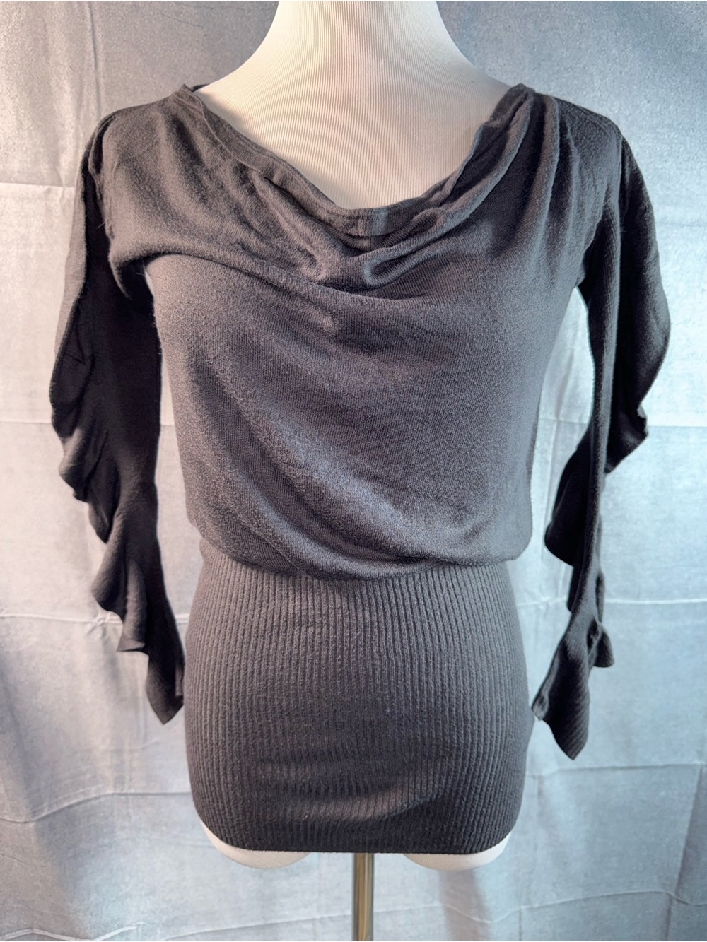 2376-Guess Dark Gray Draped Neck Ribbed Waist Long Sleeve Top